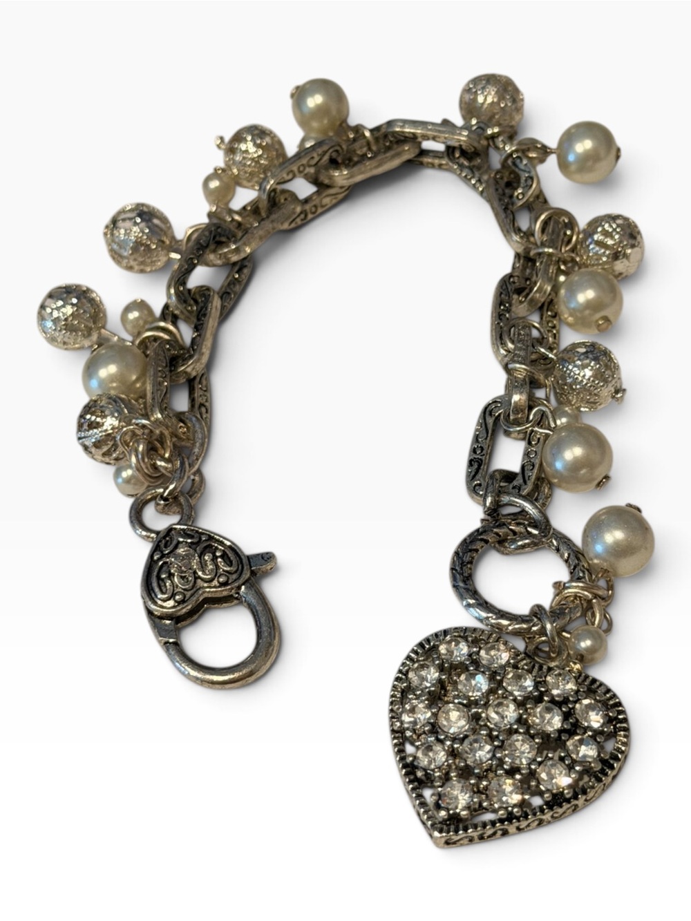 Sparkling Heart Charm Pearl Drop Bracelet - Silver